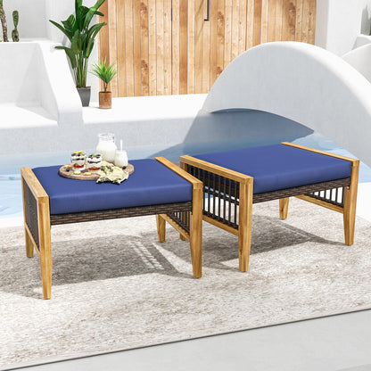 Outdoor Acacia Wood Ottomans with Removable Cushions and Woven Rattan Footstools