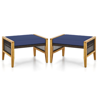 Outdoor Acacia Wood Ottomans with Removable Cushions and Woven Rattan Footstools