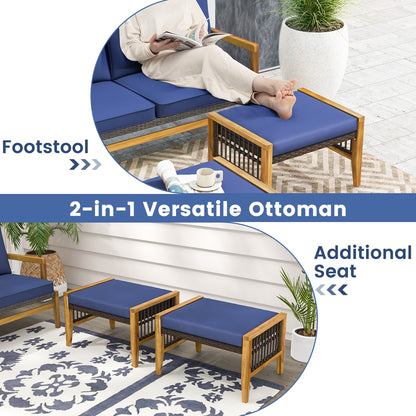 Outdoor Acacia Wood Ottomans with Removable Cushions and Woven Rattan Footstools