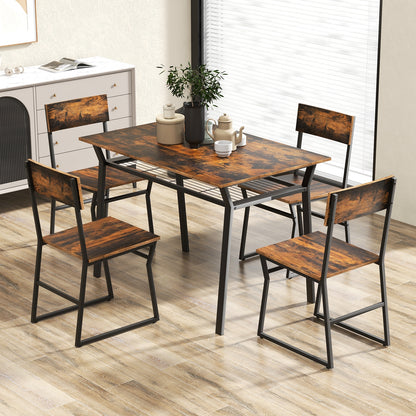 5 Piece Dining Table Set with Storage Shelf and Sleek Metal Frame in Coffee Finish