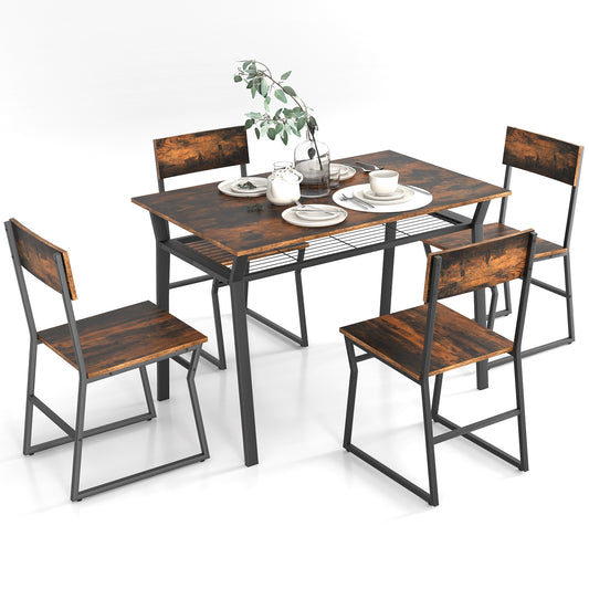 5 Piece Dining Table Set with Storage Shelf and Sleek Metal Frame in Coffee Finish
