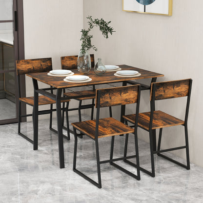5 Piece Dining Table Set with Storage Shelf and Sleek Metal Frame in Coffee Finish