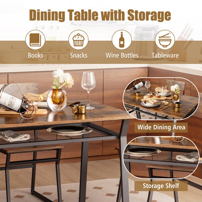 5 Piece Dining Table Set with Storage Shelf and Sleek Metal Frame in Coffee Finish