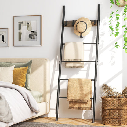 5-Tier Wall-Leaning Blanket Ladder with Removable Hooks and Industrial Design