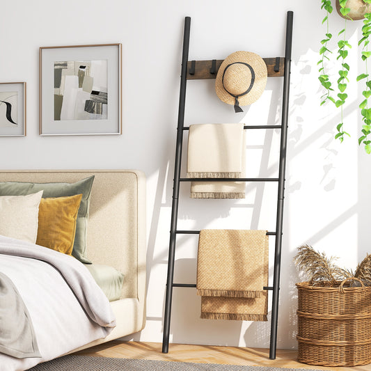 5-Tier Wall-Leaning Blanket Ladder with Removable Hooks and Industrial Design