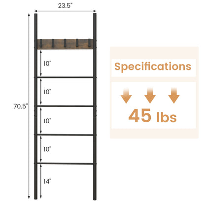 5-Tier Wall-Leaning Blanket Ladder with Removable Hooks and Industrial Design