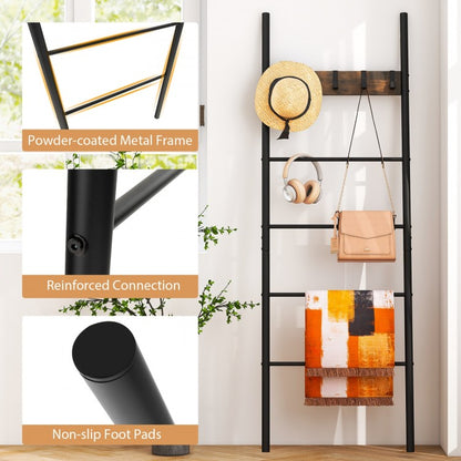 5-Tier Wall-Leaning Blanket Ladder with Removable Hooks and Industrial Design