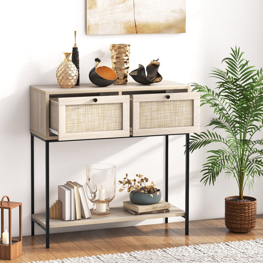 Boho Console Table with Rattan Drawers and Open Shelf for Entryway or Living Room