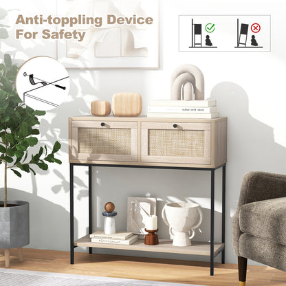 Boho Console Table with Rattan Drawers and Open Shelf for Entryway or Living Room