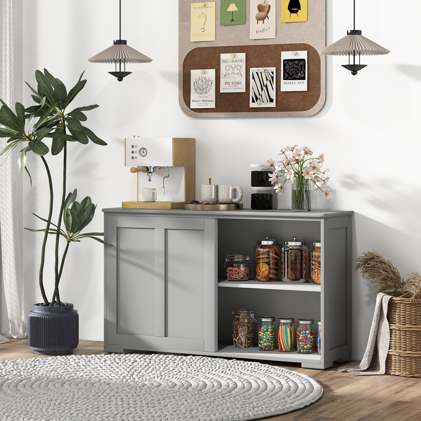 Stackable Kitchen Sideboard Cabinet with Adjustable Shelf for Pantry Dining or Entryway Storage in Grey