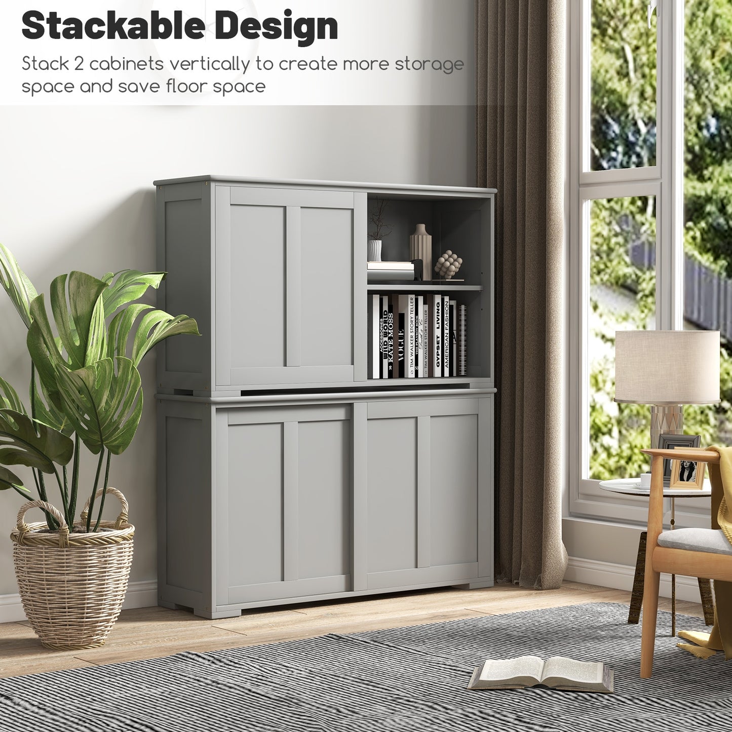 Stackable Kitchen Sideboard Cabinet with Adjustable Shelf for Pantry Dining or Entryway Storage in Grey