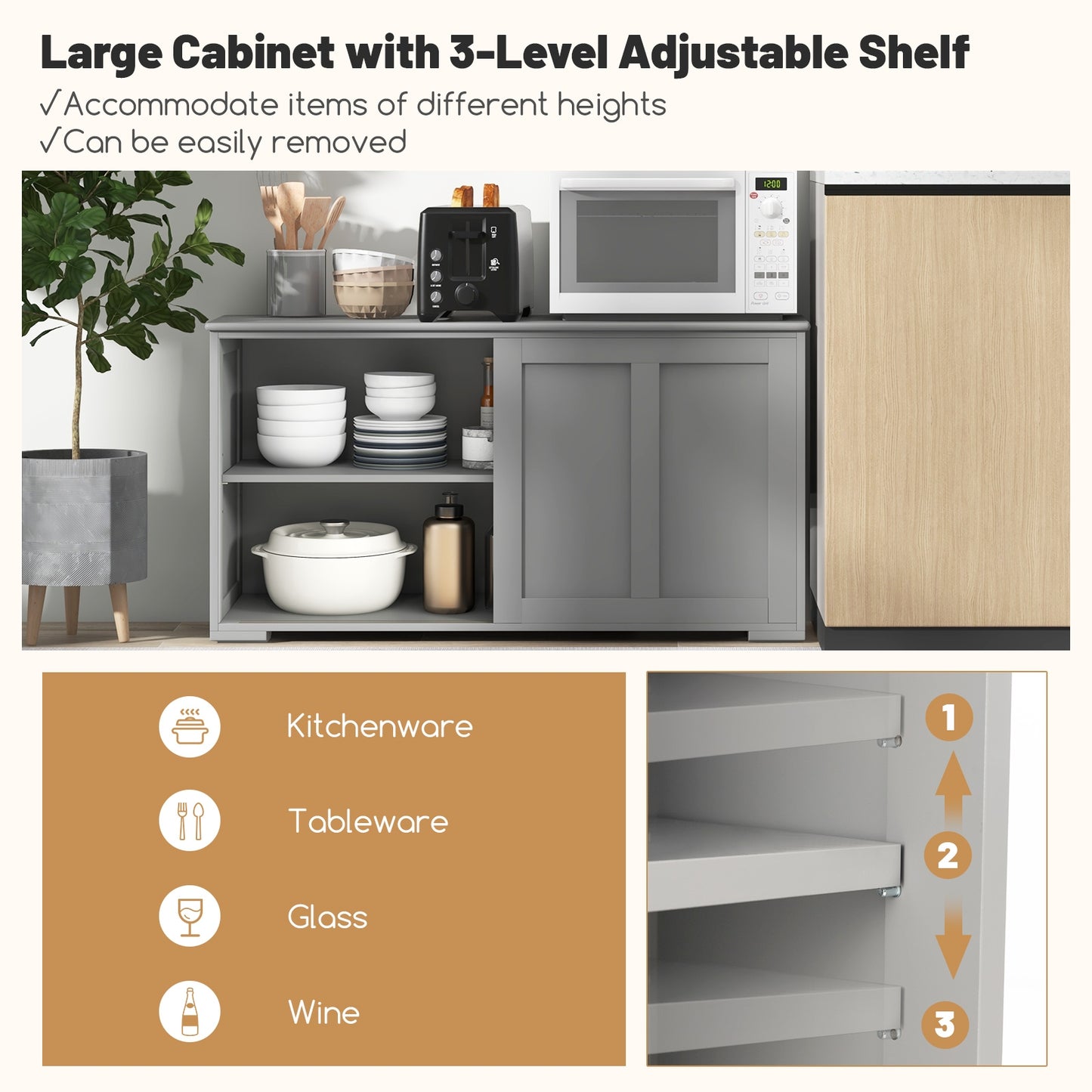 Stackable Kitchen Sideboard Cabinet with Adjustable Shelf for Pantry Dining or Entryway Storage in Grey