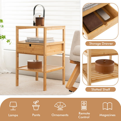 Bamboo Nightstand with Drawer and Two Shelves
