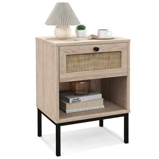 Boho Rattan Nightstand with Drawer and Open Shelf - Oak End Table