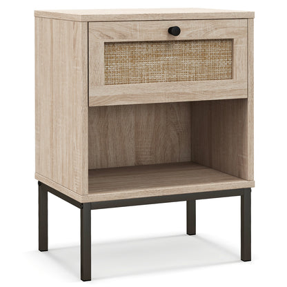 Boho Rattan Nightstand with Drawer and Open Shelf - Oak End Table