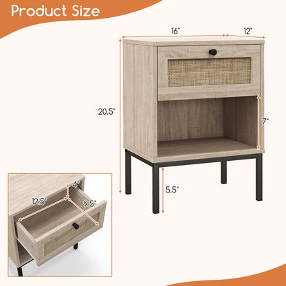Boho Rattan Nightstand with Drawer and Open Shelf - Oak End Table