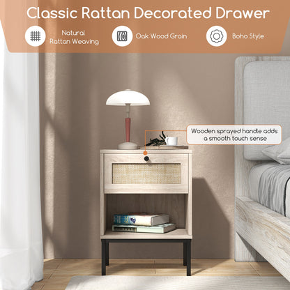 Boho Rattan Nightstand with Drawer and Open Shelf - Oak End Table