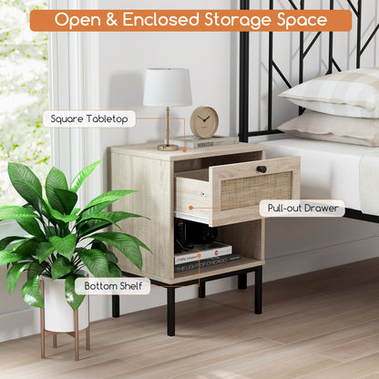 Boho Rattan Nightstand with Drawer and Open Shelf - Oak End Table