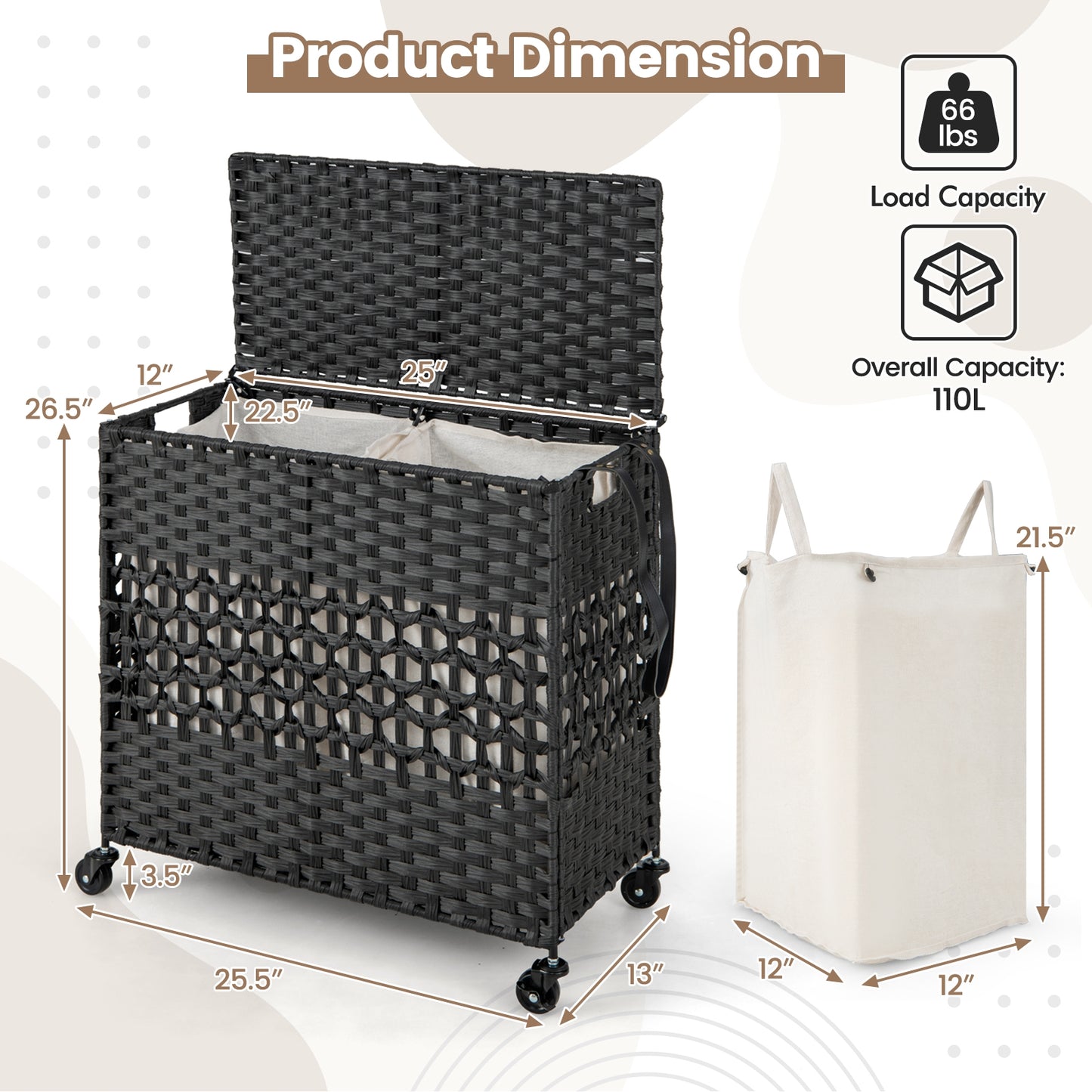 110L Dual Compartment Laundry Hamper with Removable & Washable Liner Bags