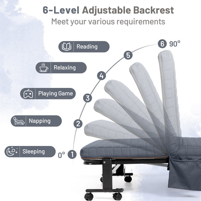 Portable Folding Adjustable Guest Bed with Lounge Function and Wheels - Grey