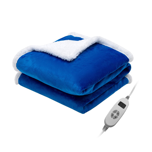 Reversible Electric Heated Blanket Throw with Flannel and Sherpa Fleece - Blue