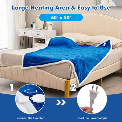 Reversible Electric Heated Blanket Throw with Flannel and Sherpa Fleece - Blue
