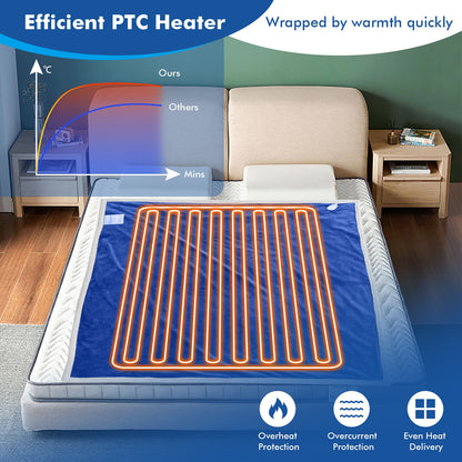 Reversible Electric Heated Blanket Throw with Flannel and Sherpa Fleece - Blue
