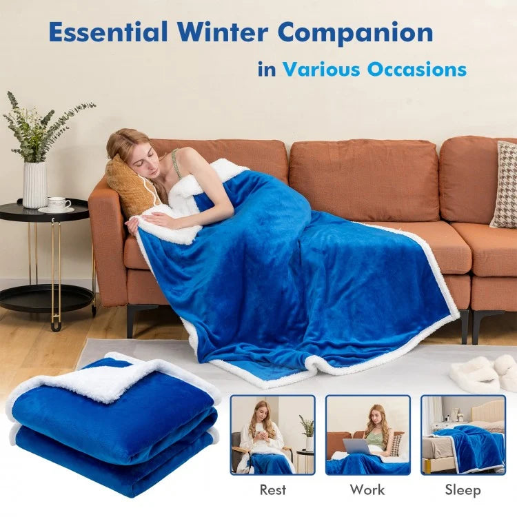 Reversible Electric Heated Blanket Throw with Flannel and Sherpa Fleece - Blue