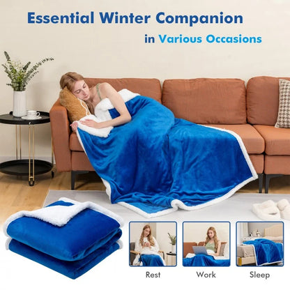 Reversible Electric Heated Blanket Throw with Flannel and Sherpa Fleece - Blue