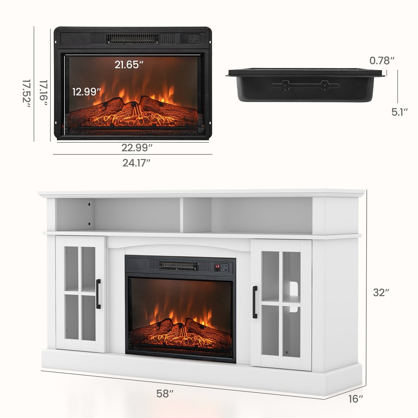 Entertainment Center with 1400W Electric Fireplace for TVs up to 65 Inches in White