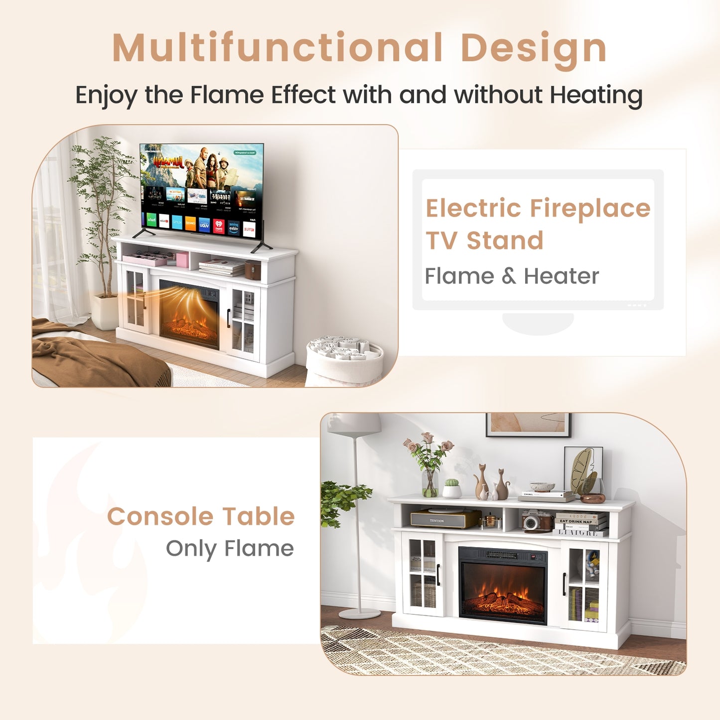 Entertainment Center with 1400W Electric Fireplace for TVs up to 65 Inches in White
