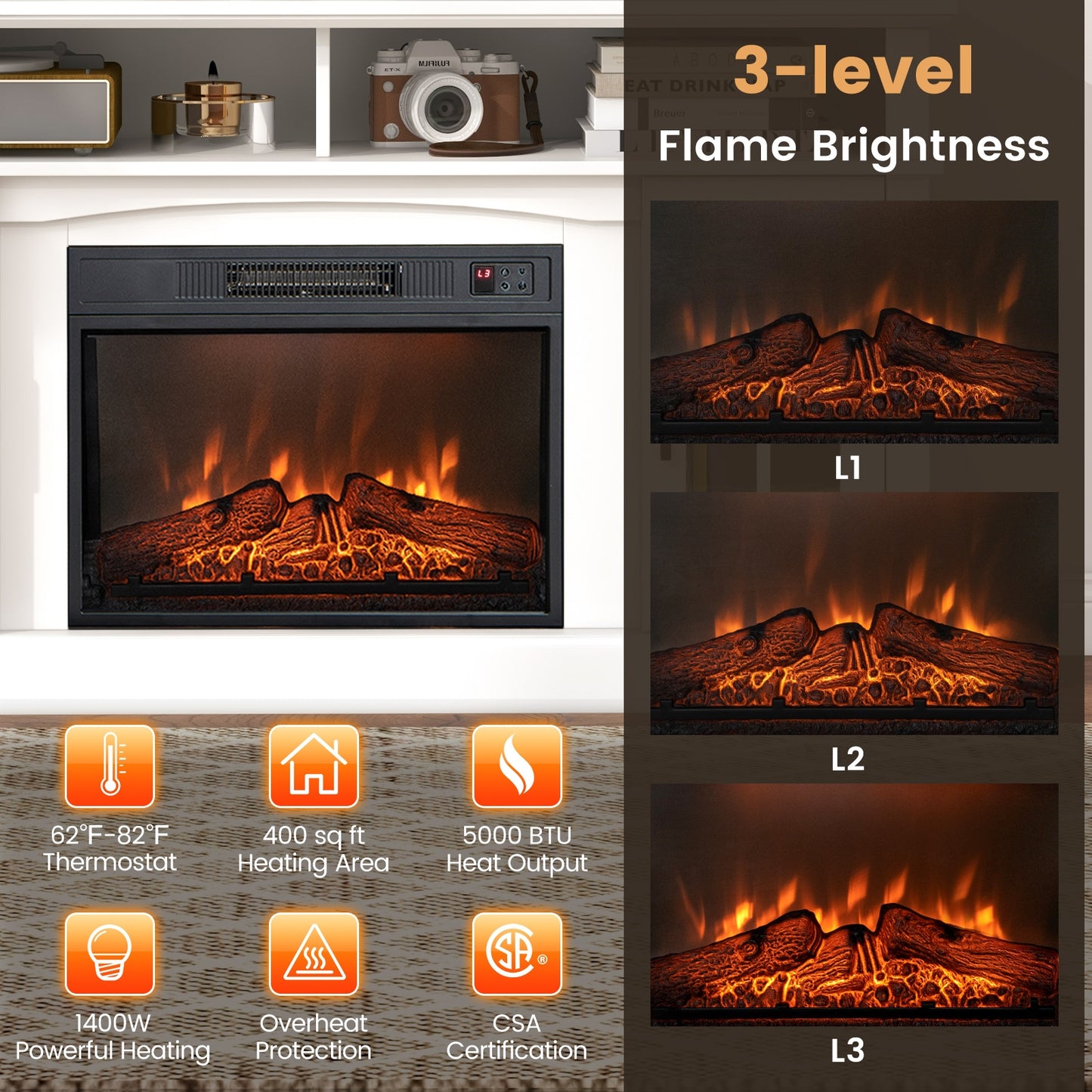 Entertainment Center with 1400W Electric Fireplace for TVs up to 65 Inches in White