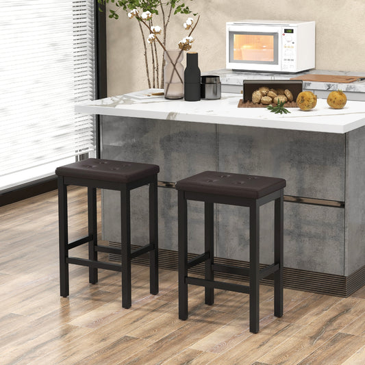 Set of 2 Counter Bar Chairs with Faux Leather Seat and Footrest, 24 Inch Brown Wood Frame