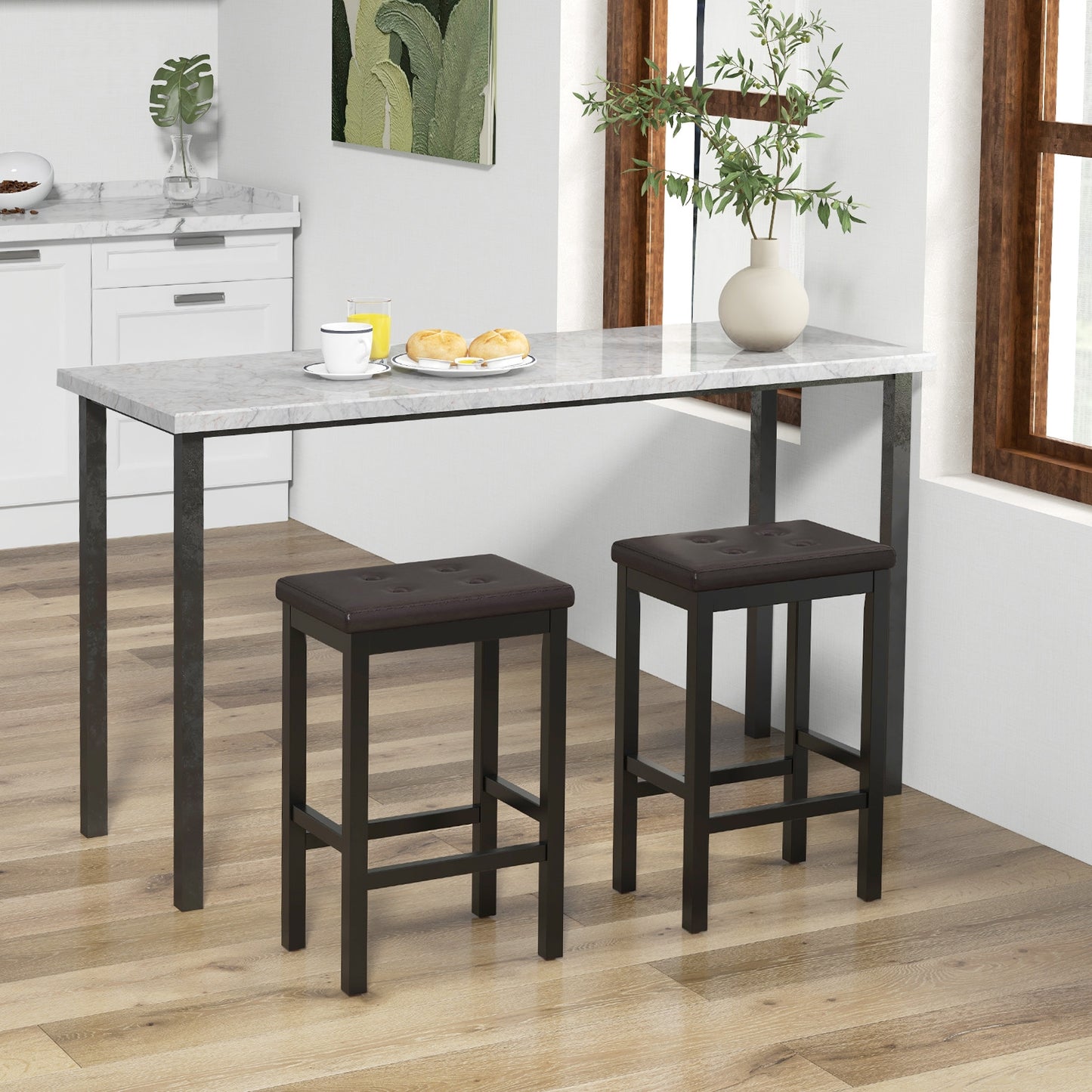Set of 2 Counter Bar Chairs with Faux Leather Seat and Footrest, 24 Inch Brown Wood Frame