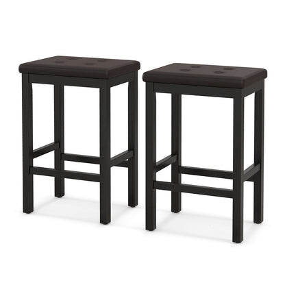Set of 2 Counter Bar Chairs with Faux Leather Seat and Footrest, 24 Inch Brown Wood Frame