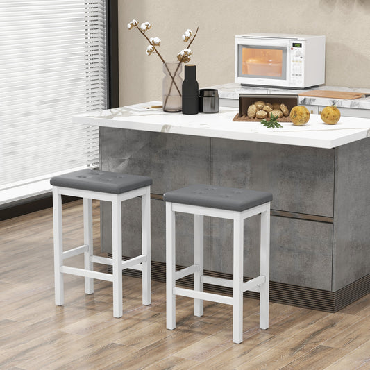Set of 2 Counter Bar Chairs with Faux Leather Seat and Footrest, 24 Inch White Wood Frame