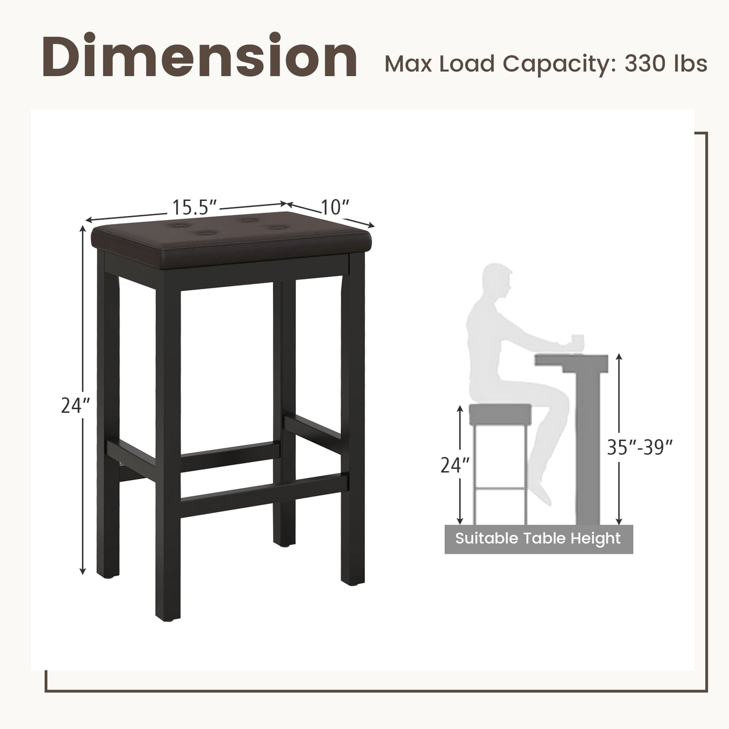 Set of 2 Counter Bar Chairs with Faux Leather Seat and Footrest, 24 Inch Brown Wood Frame