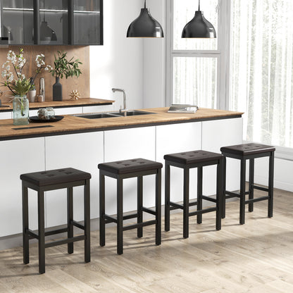 Set of 2 Counter Bar Chairs with Faux Leather Seat and Footrest, 24 Inch Brown Wood Frame