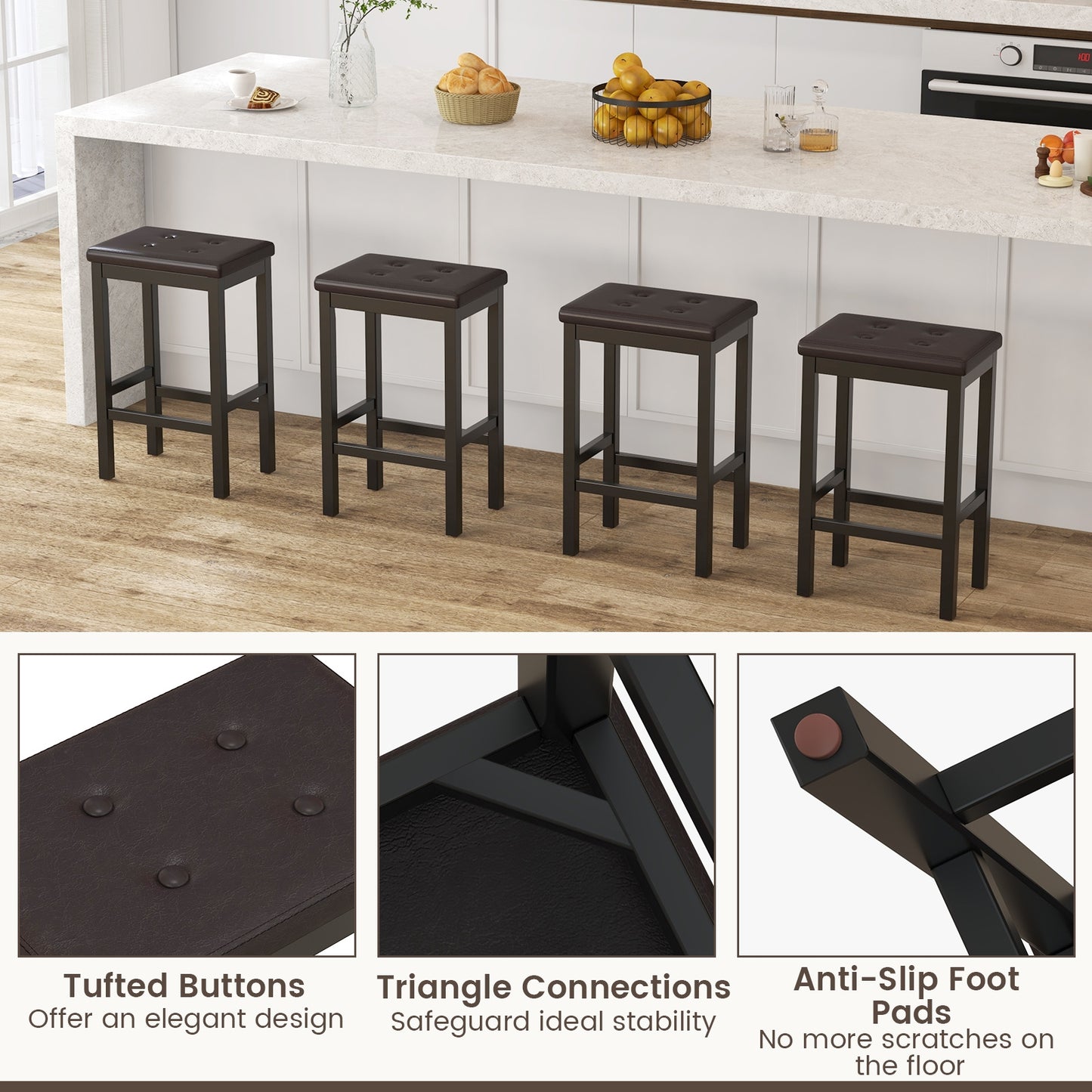 Set of 2 Counter Bar Chairs with Faux Leather Seat and Footrest, 24 Inch Brown Wood Frame