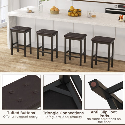 Set of 2 Counter Bar Chairs with Faux Leather Seat and Footrest, 24 Inch Brown Wood Frame