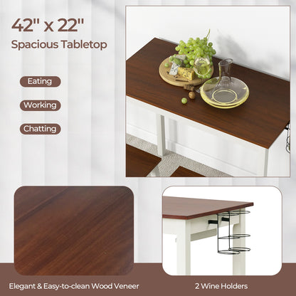 3 Piece Pub Dining Set with Wooden Table Legs and Built In Wine Holders