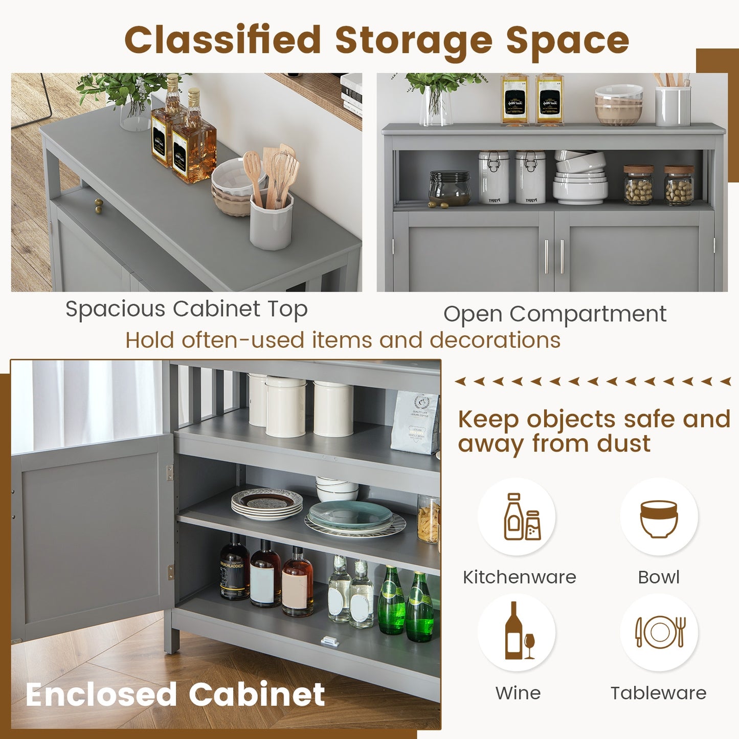 Kitchen Sideboard Buffet Cabinet with Adjustable Shelf and Double Doors for Dining Storage - Grey