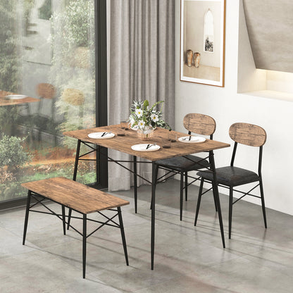 Rustic 4 Piece Dining Set with Rectangular Table Bench and Two Upholstered Chairs