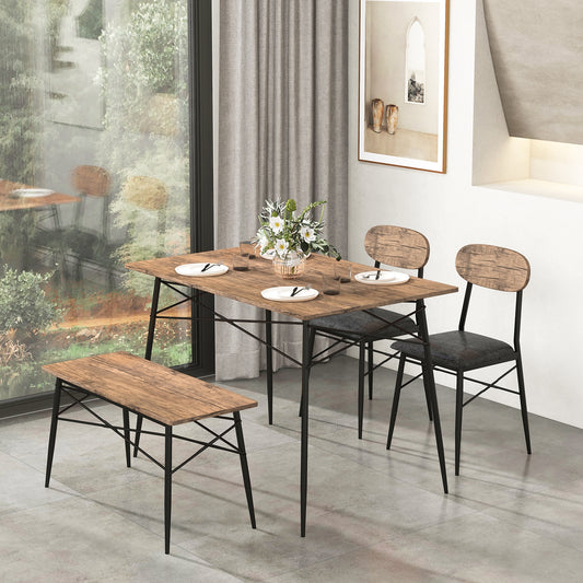 Rustic 4 Piece Dining Set with Rectangular Table Bench and Two Upholstered Chairs
