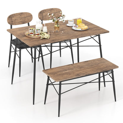 Rustic 4 Piece Dining Set with Rectangular Table Bench and Two Upholstered Chairs