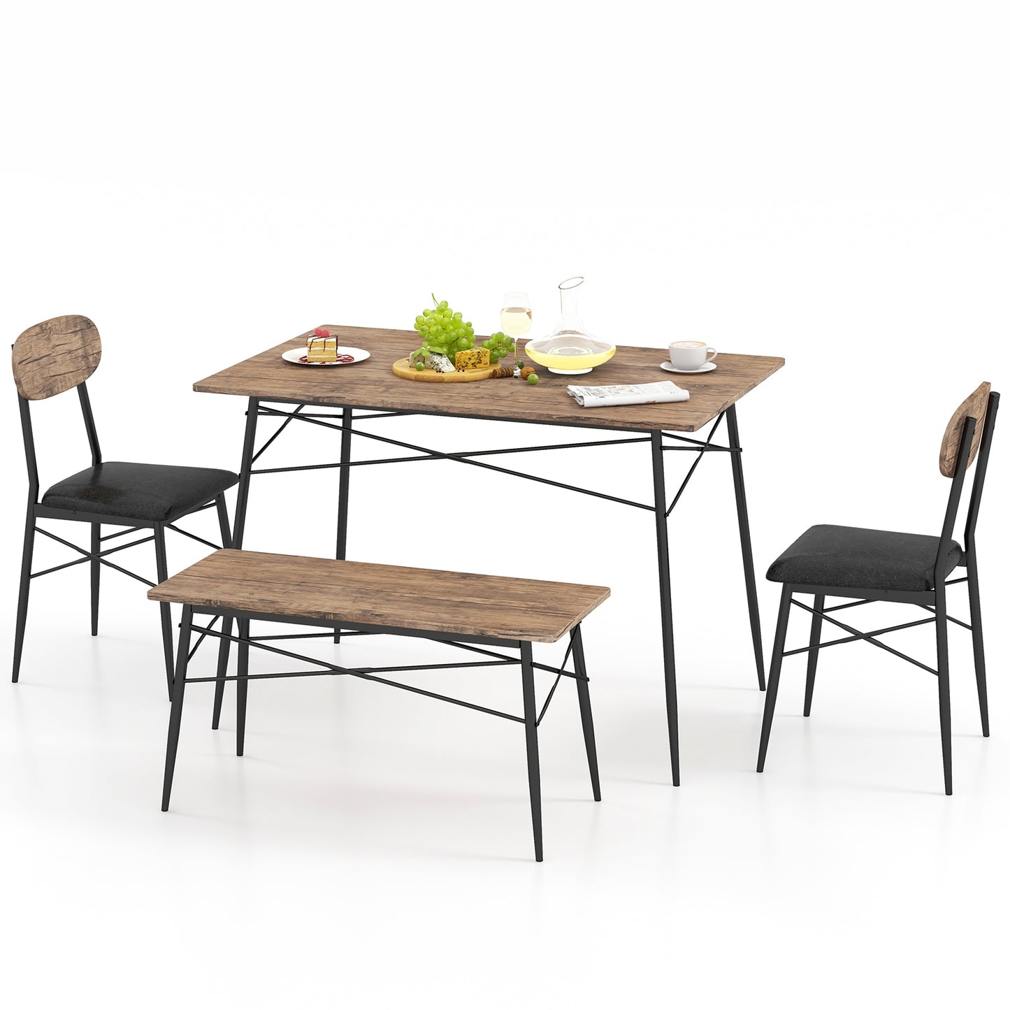 Rustic 4 Piece Dining Set with Rectangular Table Bench and Two Upholstered Chairs