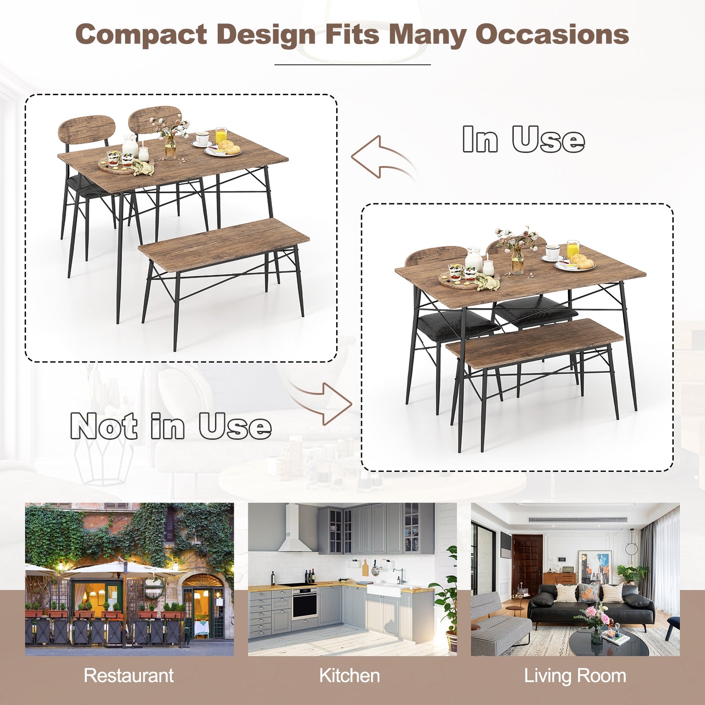 Rustic 4 Piece Dining Set with Rectangular Table Bench and Two Upholstered Chairs