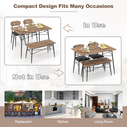 Rustic 4 Piece Dining Set with Rectangular Table Bench and Two Upholstered Chairs