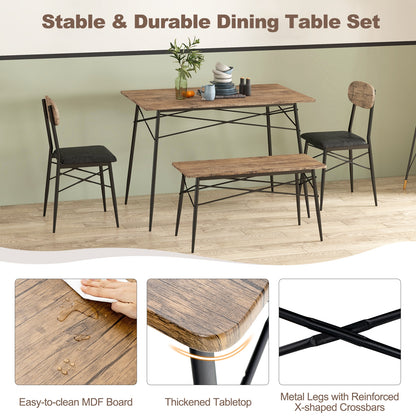 Rustic 4 Piece Dining Set with Rectangular Table Bench and Two Upholstered Chairs