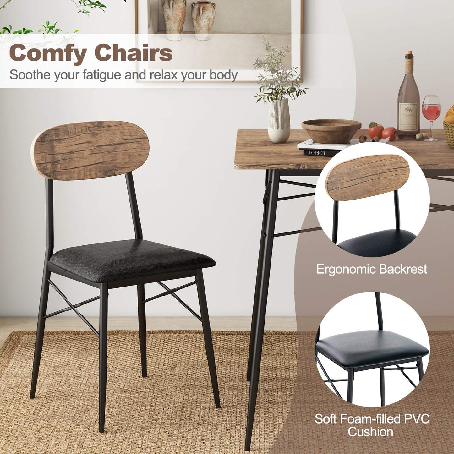 Rustic 4 Piece Dining Set with Rectangular Table Bench and Two Upholstered Chairs